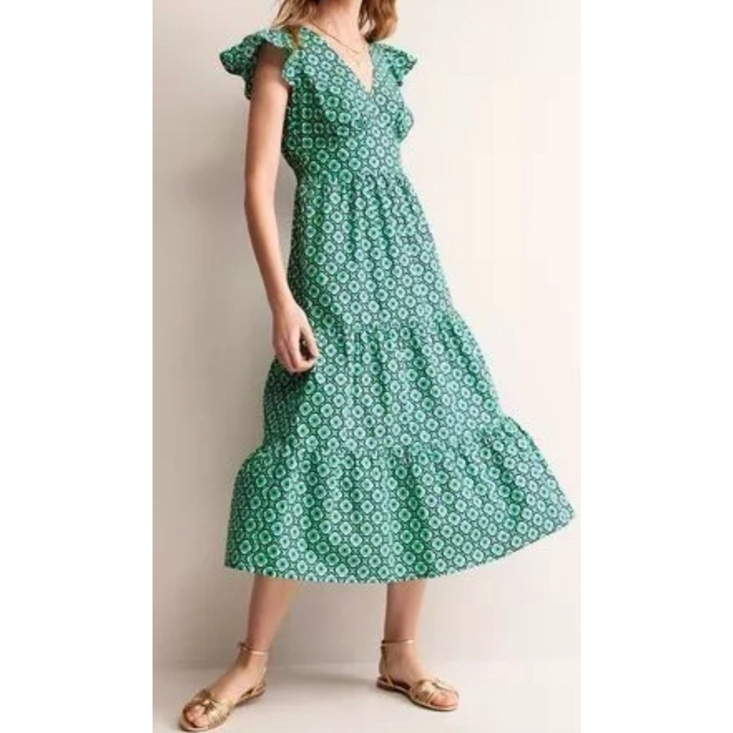 Boden May Tiered Short Ruffle Cap Sleeve Geo Print Poplin Midi Dress Green 4 P