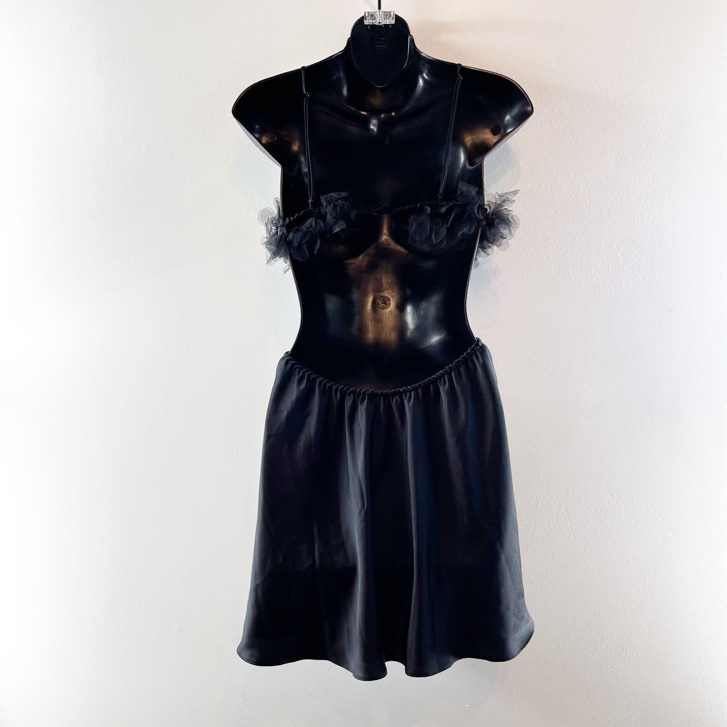For Love & Lemons Satin Tulle Trim Cutout Mini Slip Dress Black Medium