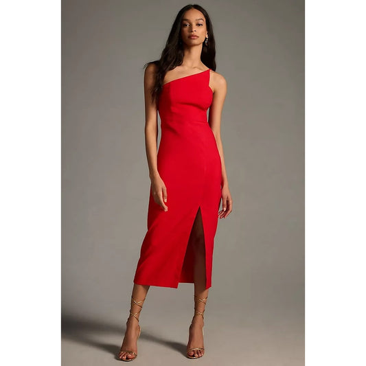 Anthropologie One Shoulder Slim Midi Dress Red 1X