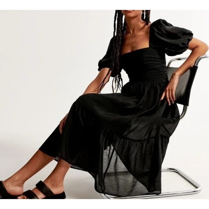 Abercrombie Emerson Puff Short Sleeve Bow Tie Back Maxi Dress Black Medium