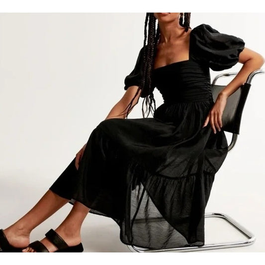 Abercrombie Emerson Puff Short Sleeve Bow Tie Back Maxi Dress Black Medium