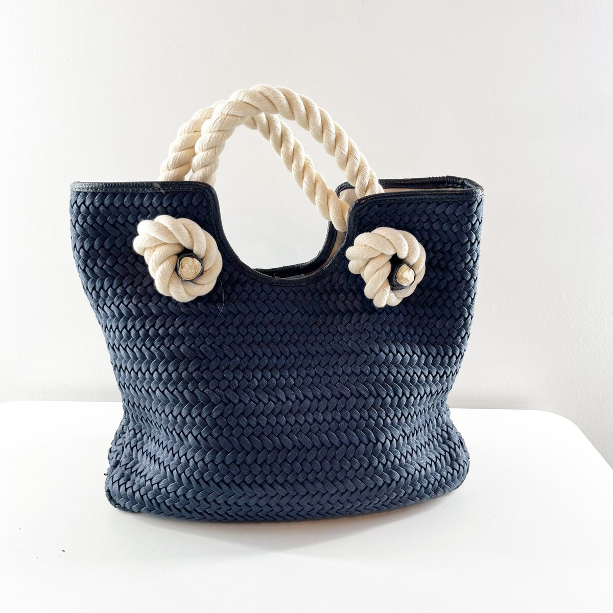 Talbots Nautical Woven Rope Handle Tote Bag Purse Navy Blue
