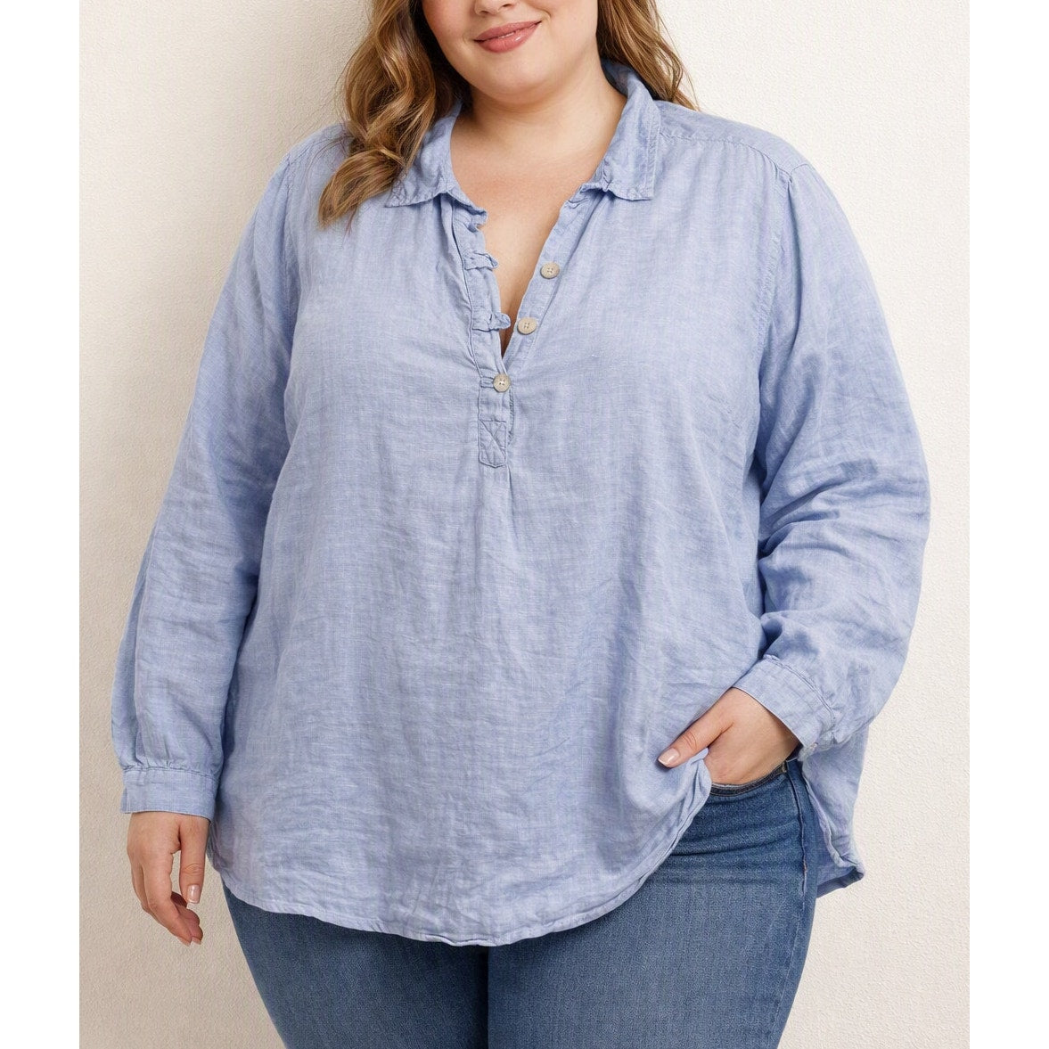 Sigrid Olsen 100% Linen Long Sleeve Collared Popover Tunic Shirt Blue Plus 1X