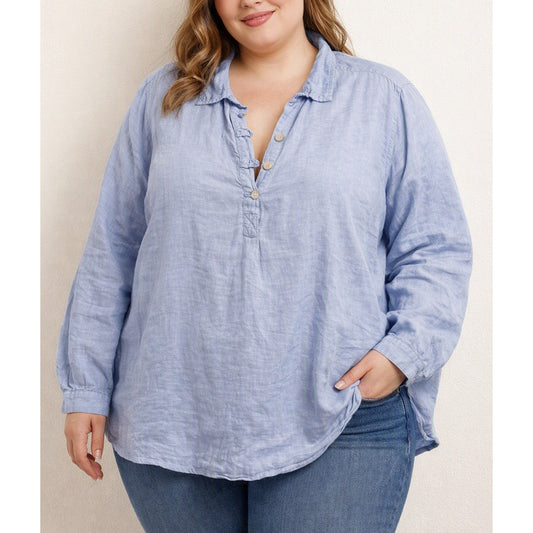 Sigrid Olsen 100% Linen Long Sleeve Collared Popover Tunic Shirt Blue Plus 1X