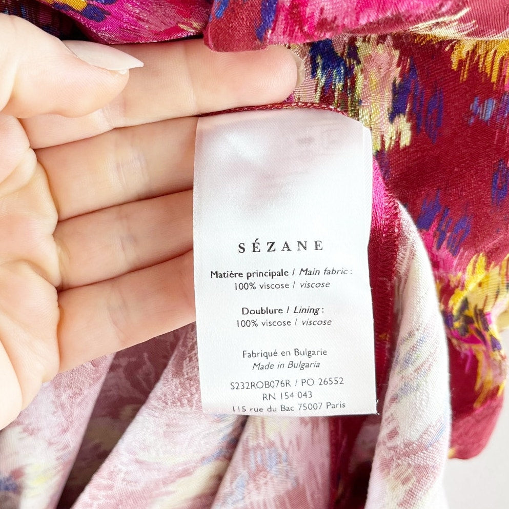 Sezane Long Sleeve V Neck Floral Wrap Midi Dress Pink Red 38 / US 6