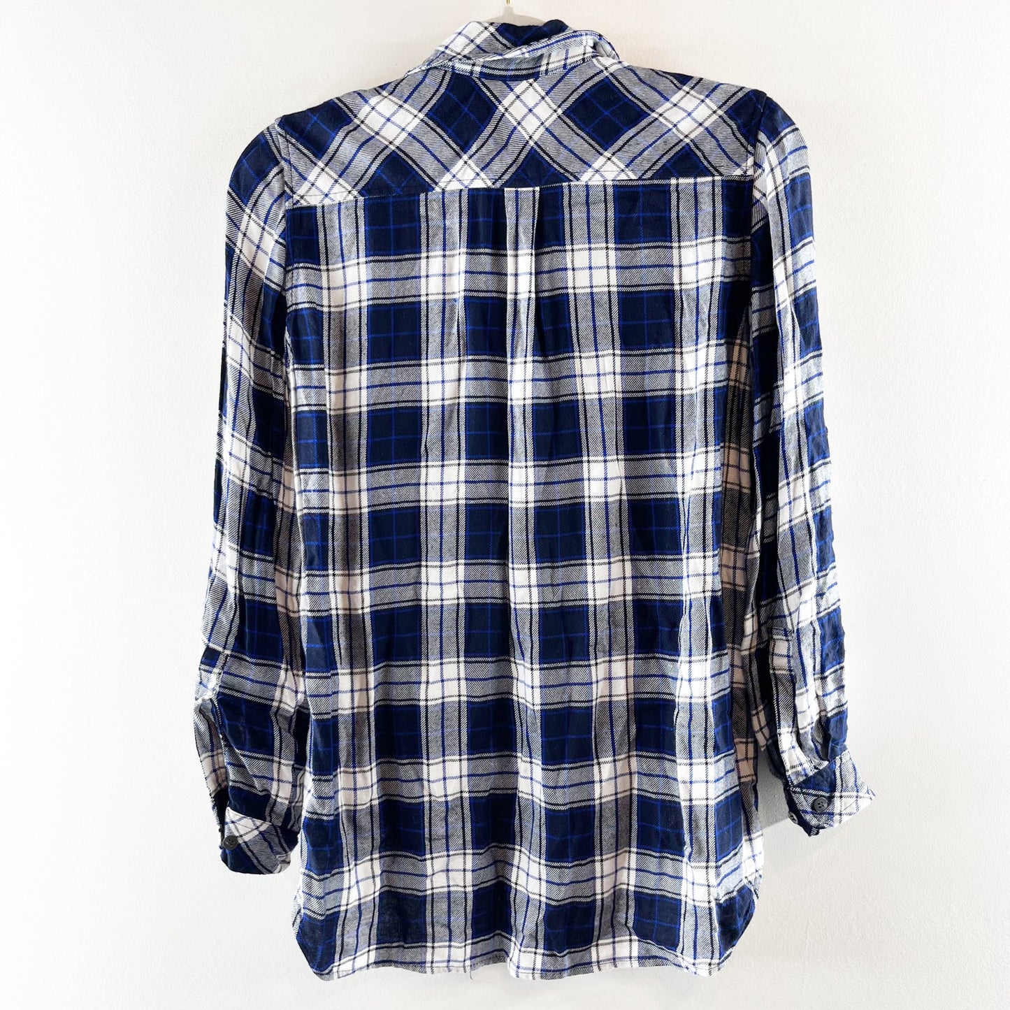 Laju Button Down Long Sleeve Plaid Flannel Shirt Top Blouse Blue Small