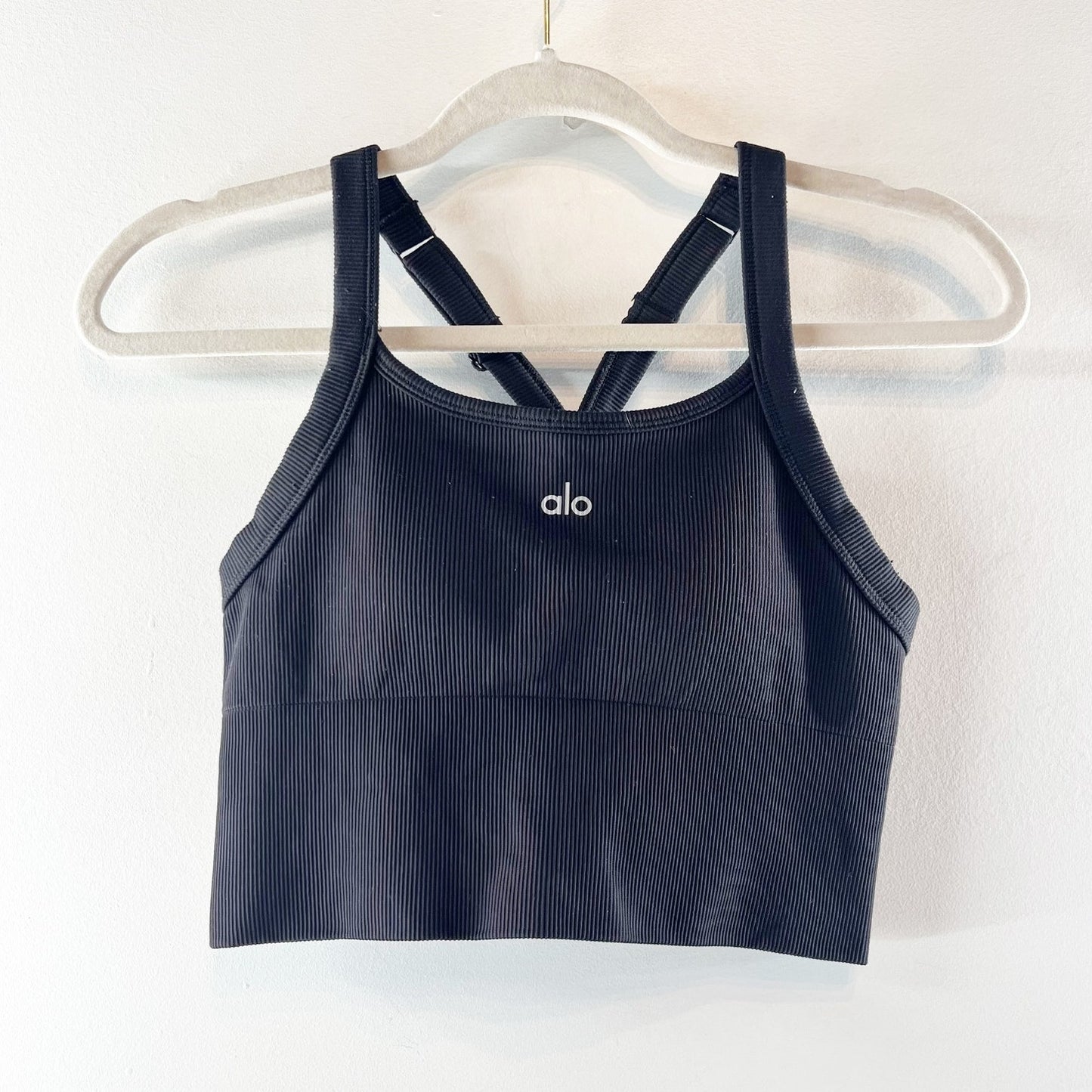 Alo Seamless Ribbed Favorite Bra Cropped Fitted Tank Top Black Small
