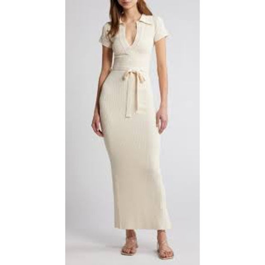 Joie Short Sleeve Ribbed Knit Crochet Belted Maxi Sweater Dress Cream XL