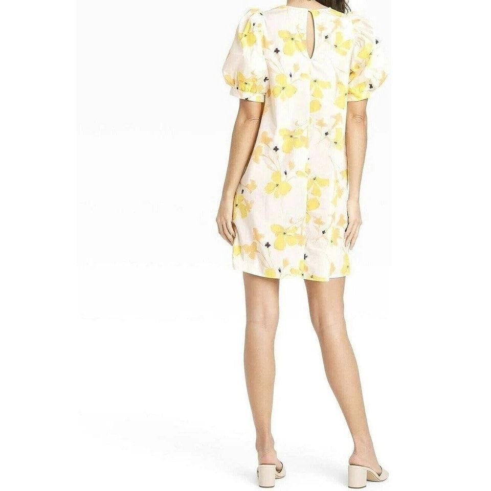 A New Day Floral Print Puff Sleeve Mini Shift Dress White Yellow Medium