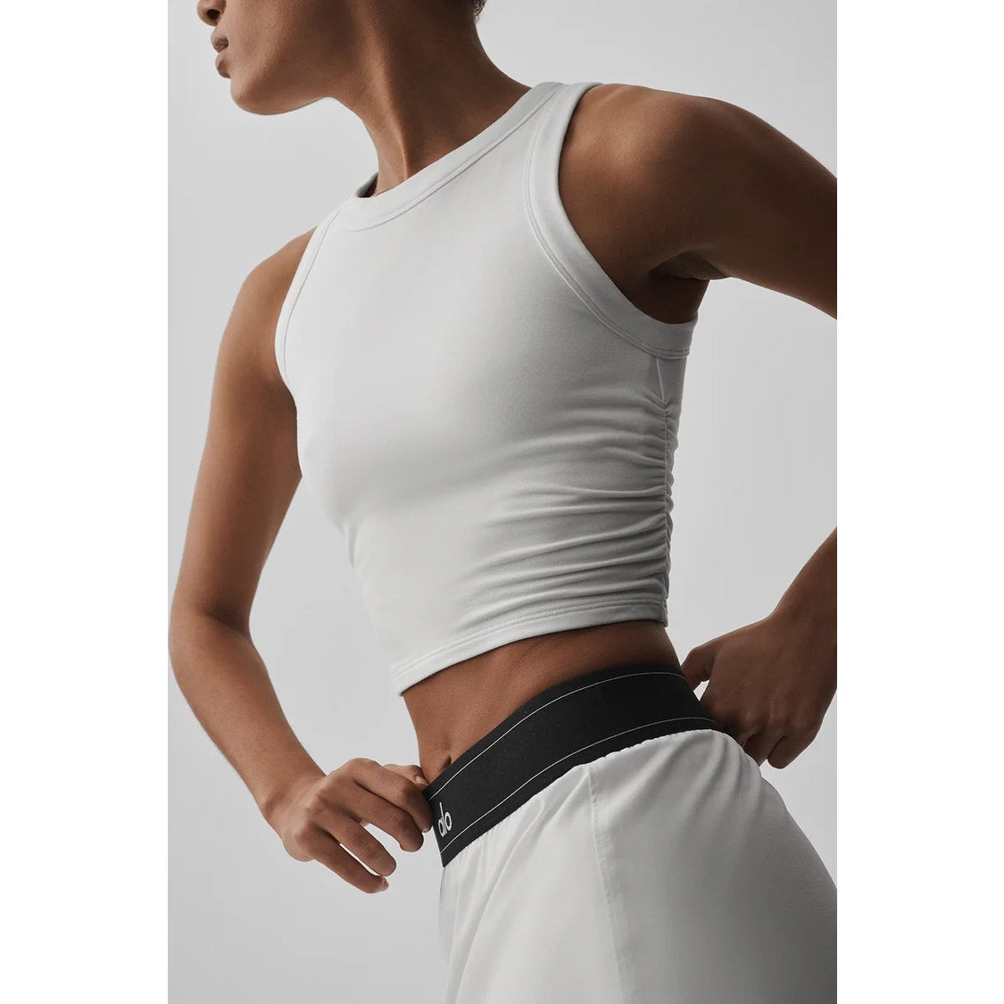 Alo Sway Bra Tank Top Ruched Sides High Neck Sleeveless White XS