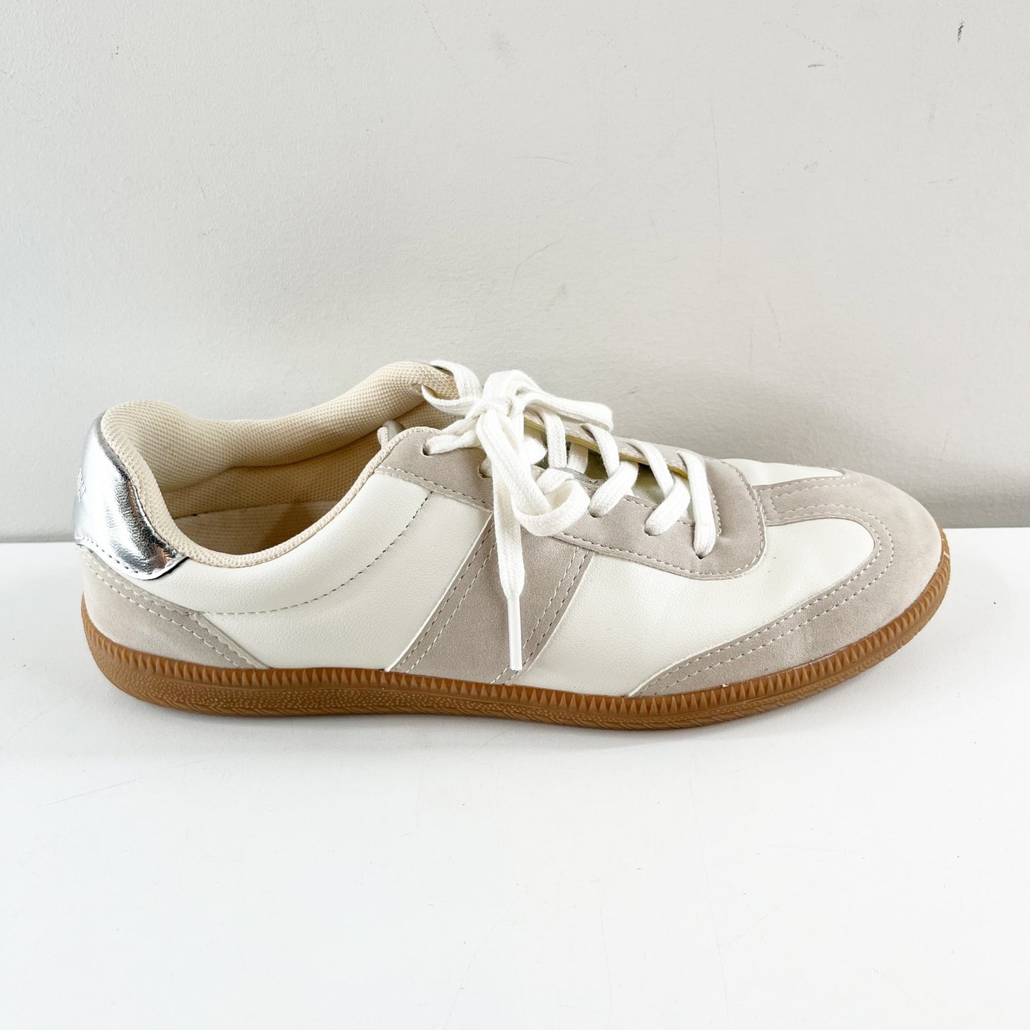 J. Crew Faux Suede Leather Low Top Field Sneakers Metallic Multi Cream Gray 8