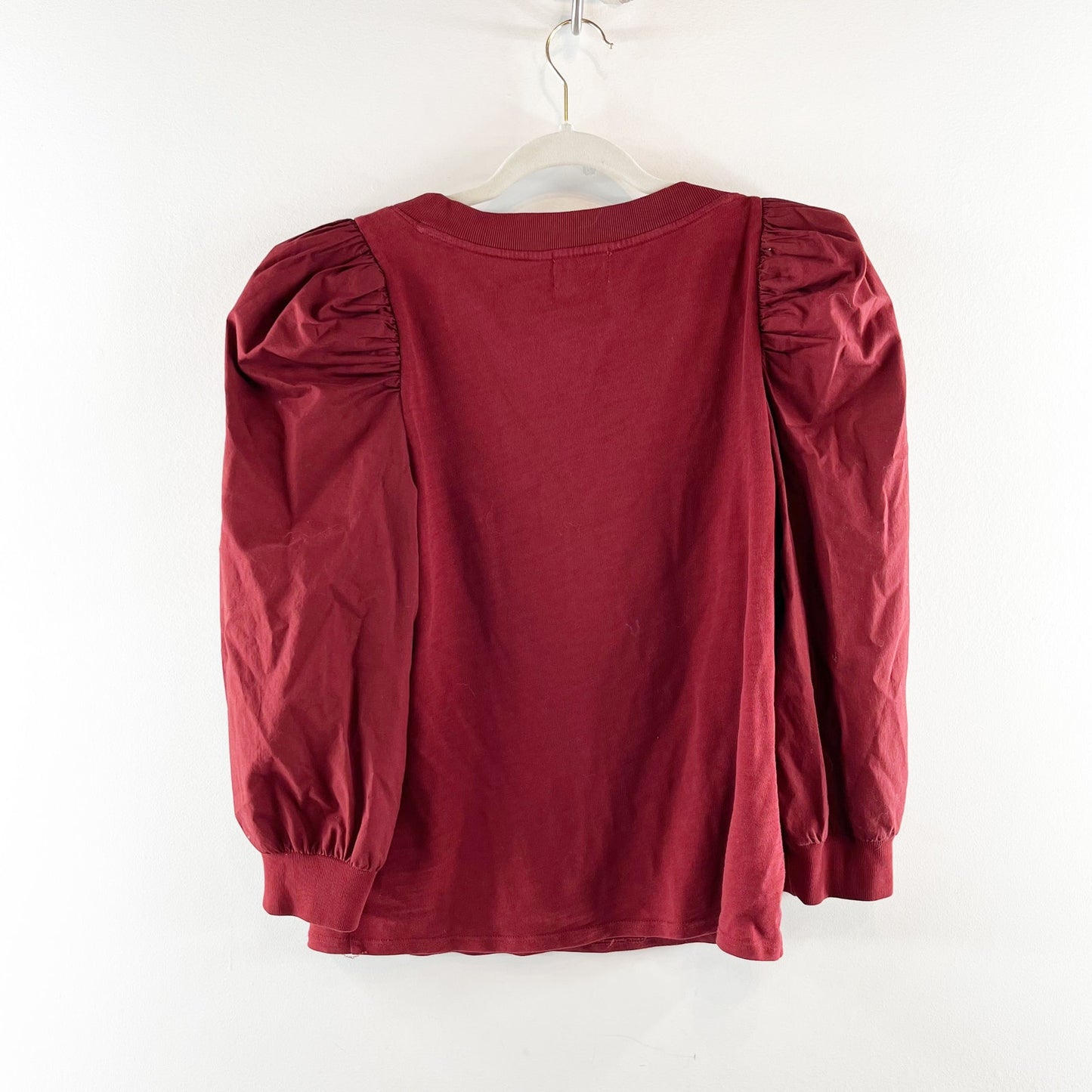 Nation LTD Asymmetrical Notch Neckline 3/4 Puff Sleeve Top Shirt Red Maroon S