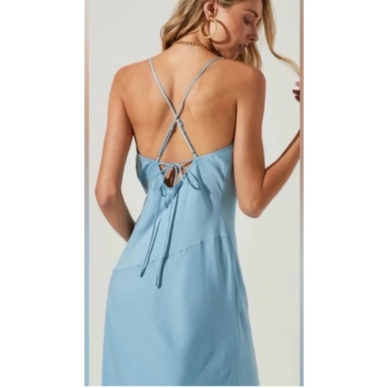 ASTR Midi Satin Gaia Slip Dress in Sky Blue Small