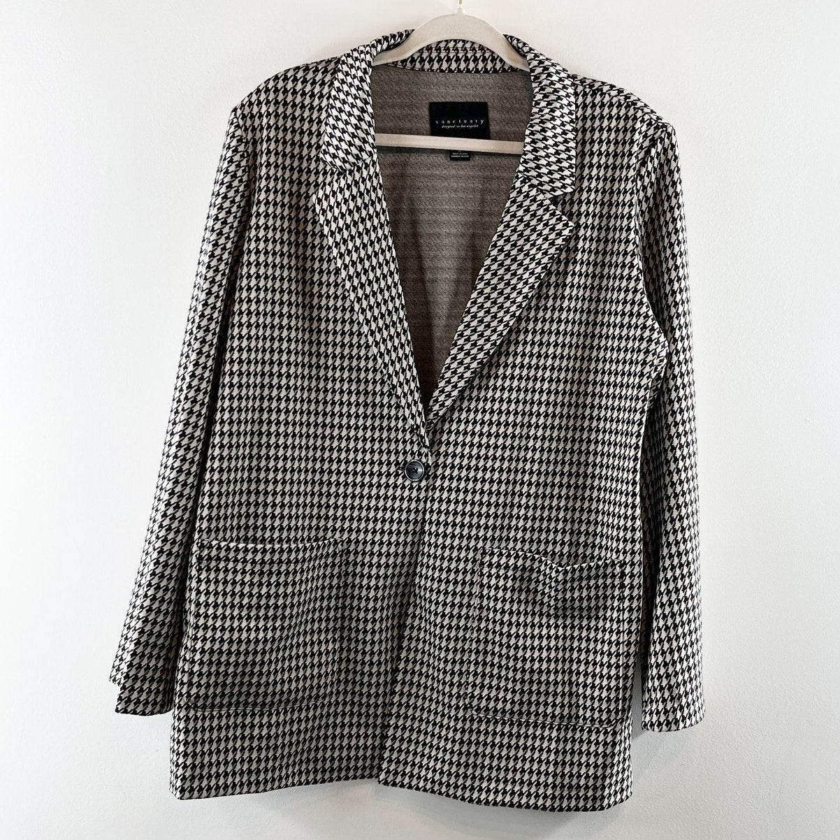 Sanctuary Longline Saddle Houndstooth Blazer Jacket Gray Black XL