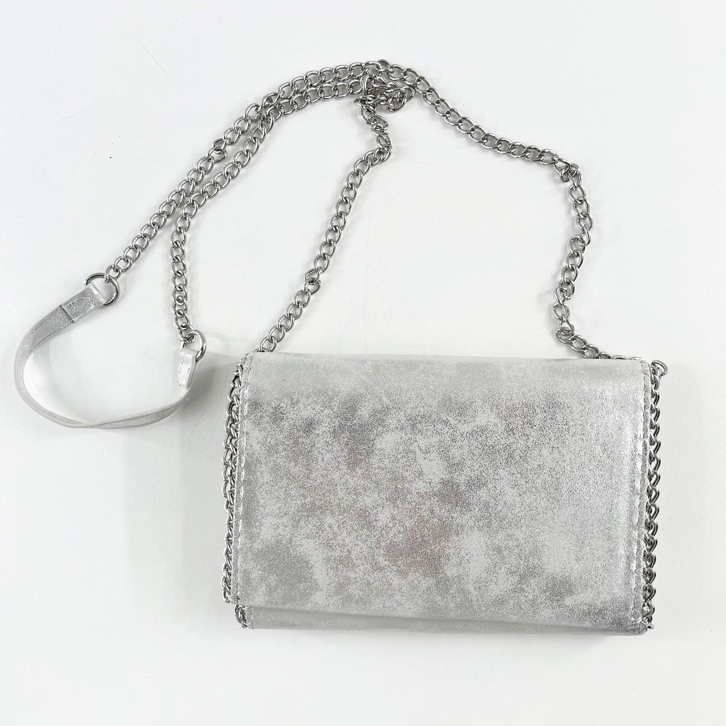 Chelsea28 Metallic Silver Leather Flap Crossbody Purse Clutch Bag w/ Chain Strap