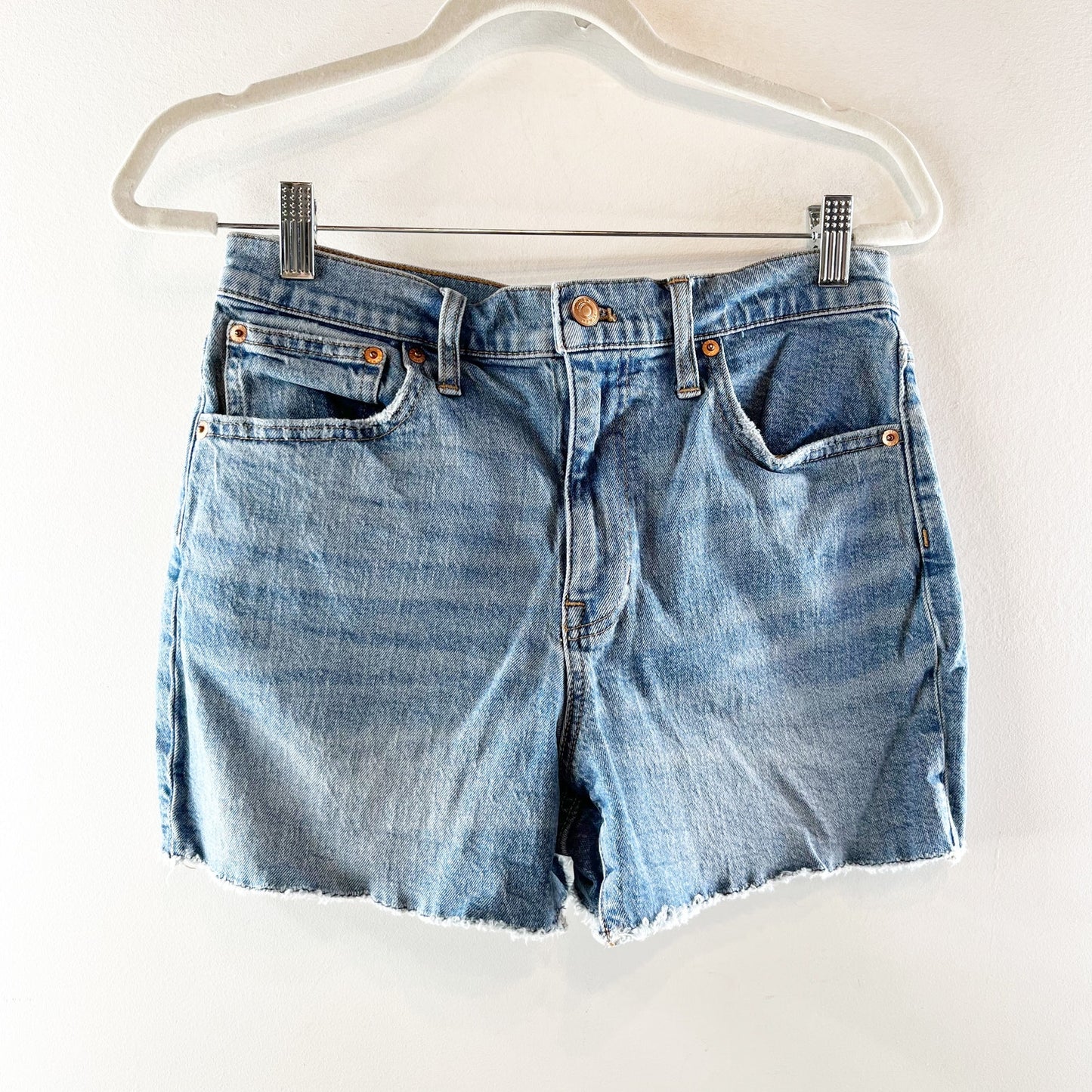 J. Crew High Waisted Medium Wash Frayed Hem Jean Shorts Blue 27
