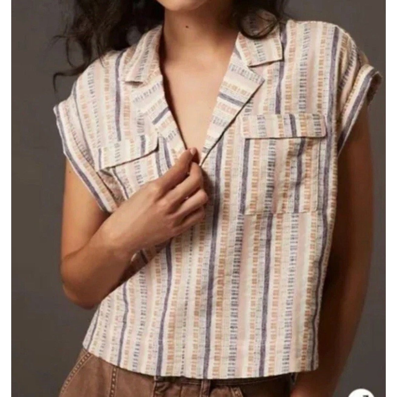 Anthropologie Cropped Short Sleeve Sleeve Striped Boxy Tee Shirt Top Cream XS