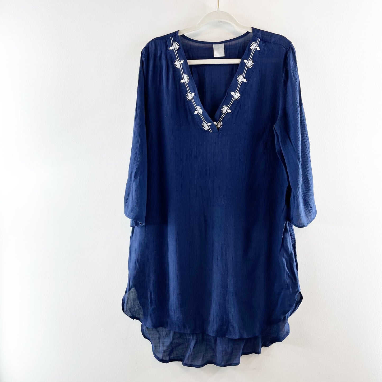 Kona Sol Embroidered V-Neck Hi-Low Swimsuit Cover-Up Dress Navy Blue XL