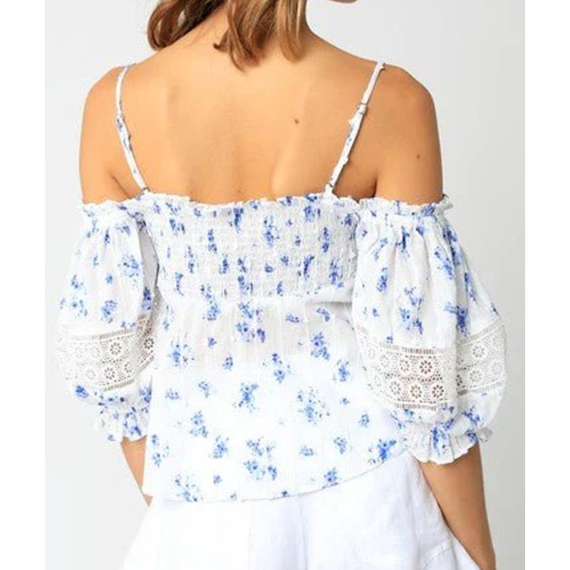 Olivaceous Positano Floral Cold Shoulder Smocked Babydoll Top White Blue Large