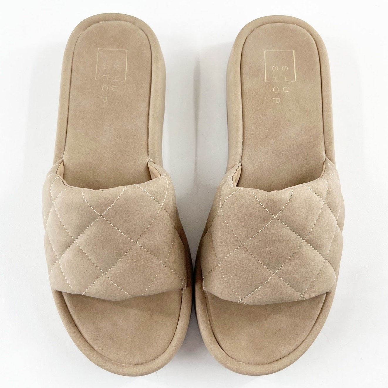 Shushop Suede Slip On Open Toe Quilted Strap Flat Slide Sandals Beige 8