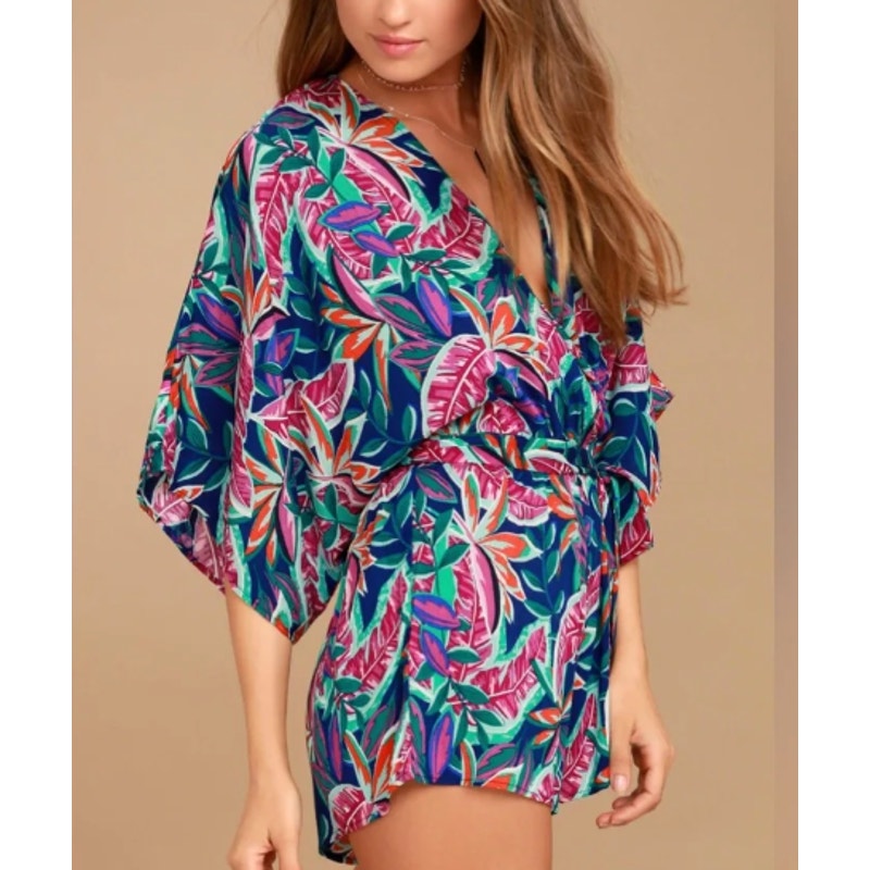 Lulus Hypnotized Kimono Sleeve Printed Romper One Piece Teal Pink Small