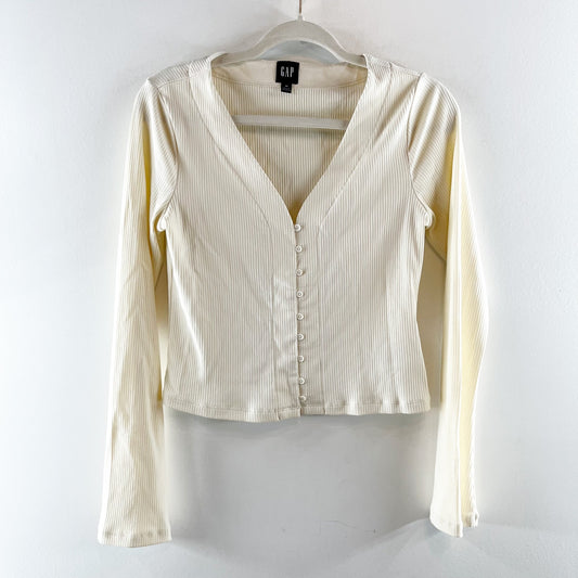 GAP Modern Rib Long Sleeve V Neck Cardigan Top Birch Cream Medium