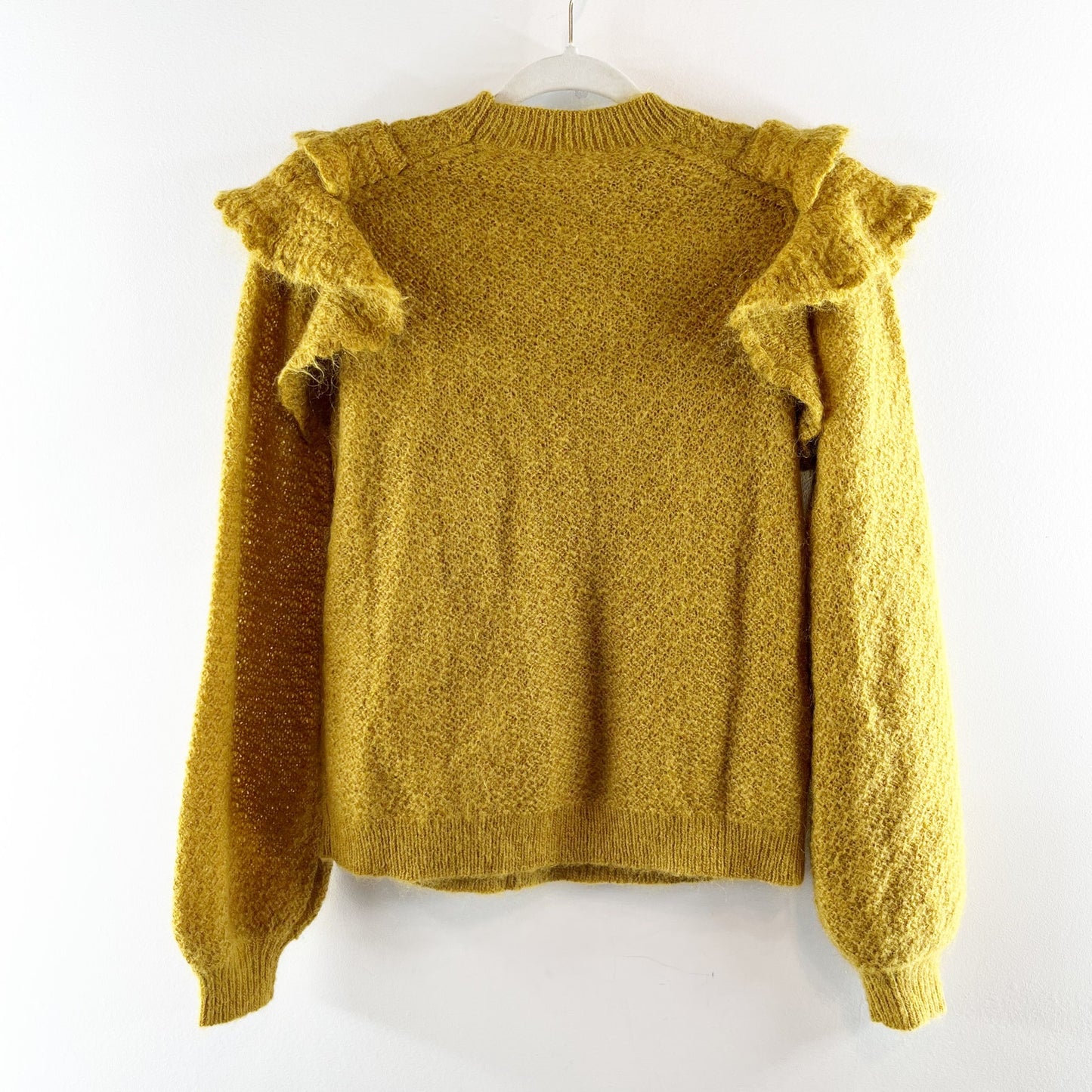 Sezane Elsa Ruffle Jumper Wool Blend Sweater Pullover Mustard Yellow Small