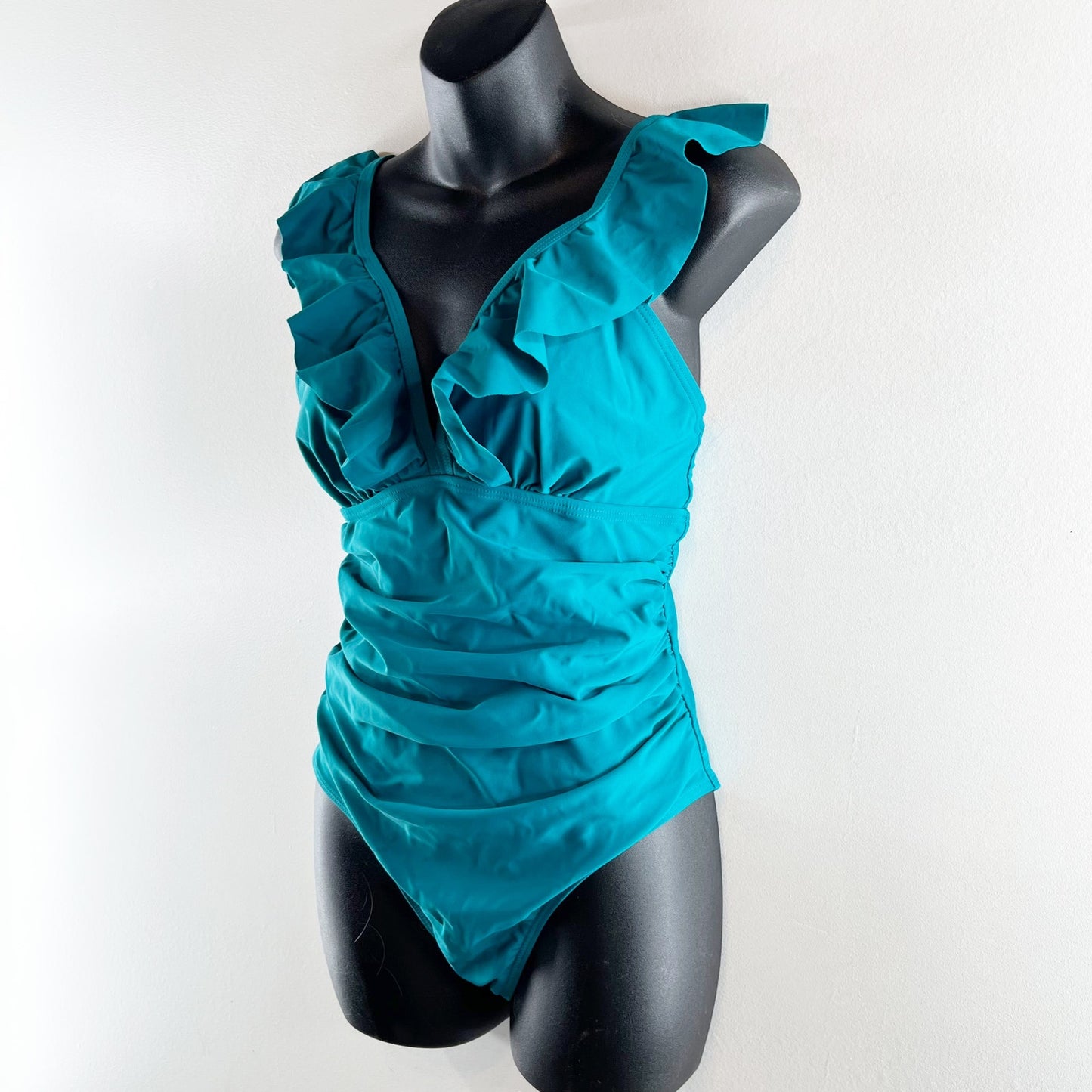 Plunge V Neck Ruffle Trim Ruched One Piece Swimsuit Teal Turquoise Blue Medium