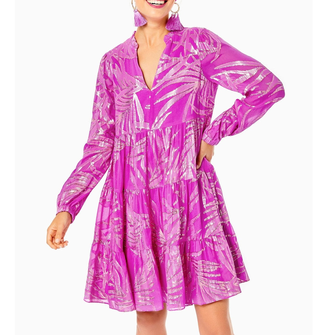 Lilly Pulitzer Sarita Silk Long Sleeve Mini Dress Wild Fuchsia Palm Leaf Pink 0