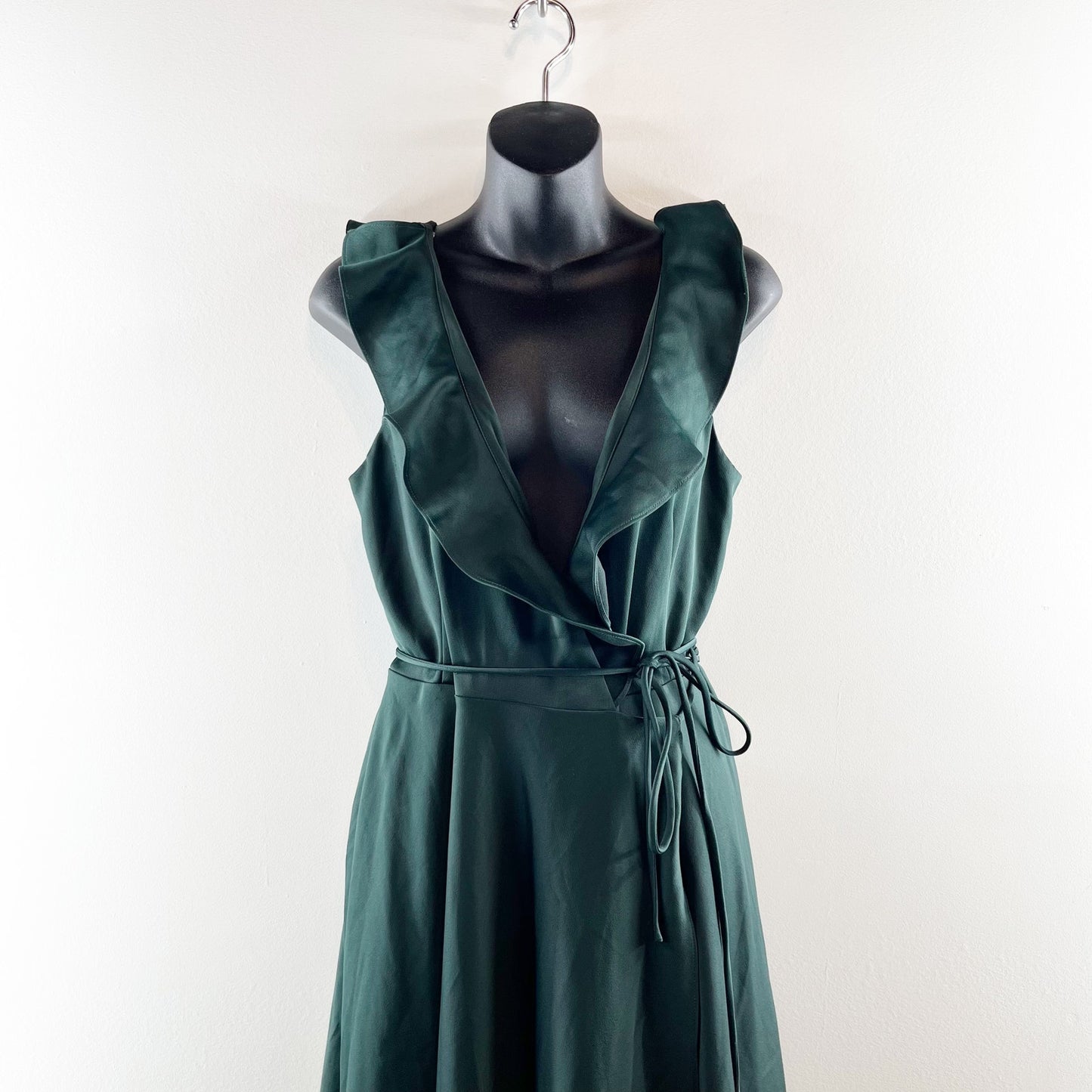 BHDLN Anthropologie Ruffle Wrap Maxi Satin Formal Dress Green 8