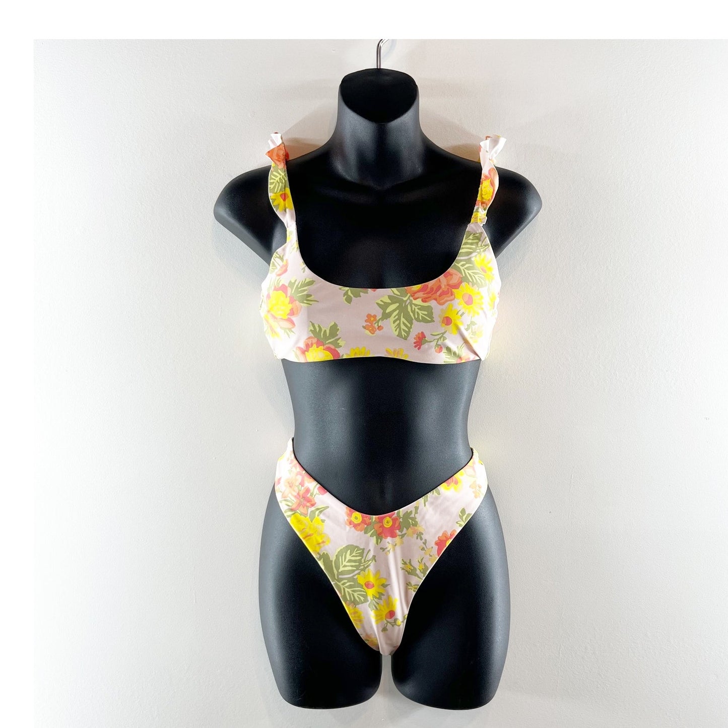 Aerie Printed Ruffle Scoop Bikini Top & High Cut Cheekiest Bikini Bottom Set M