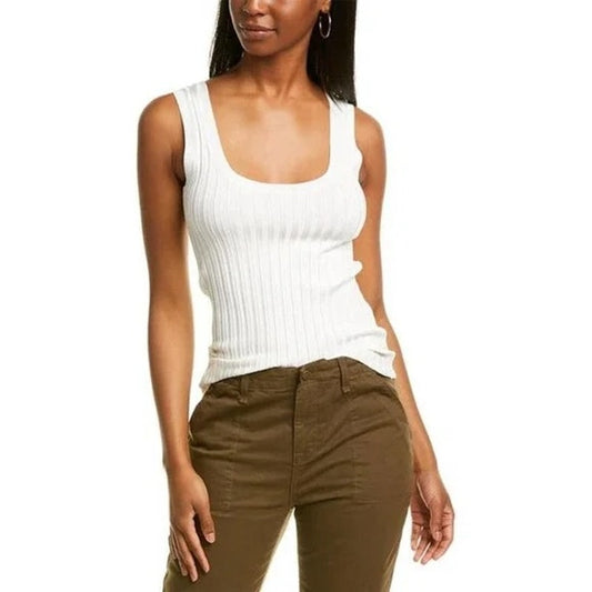 Veronica Beard Sandra Scoop Neck Ribbed Sleeveless Tank Top White Large