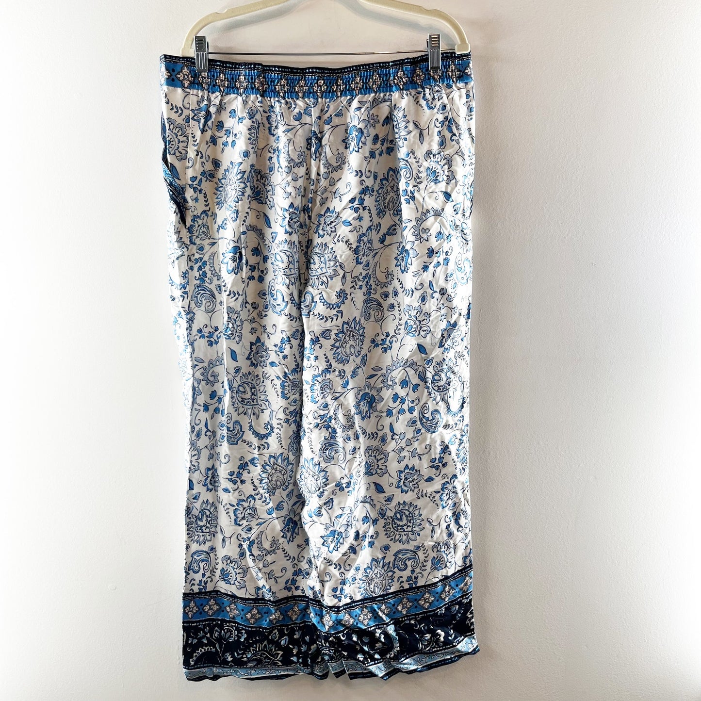 Loft Fluid Paisley Floral High Waisted Wide Leg Satin Pants White Blue XL