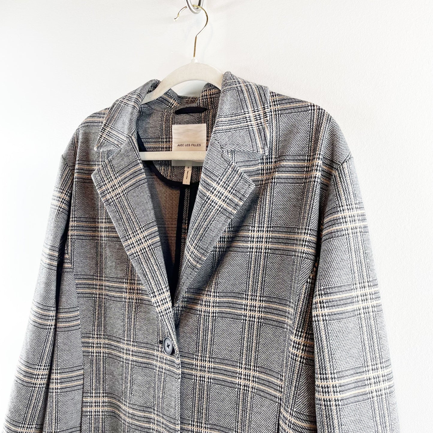 Avec Les Filles Anthropologie Oversized Longline Plaid Blazer Jacket Gray Small