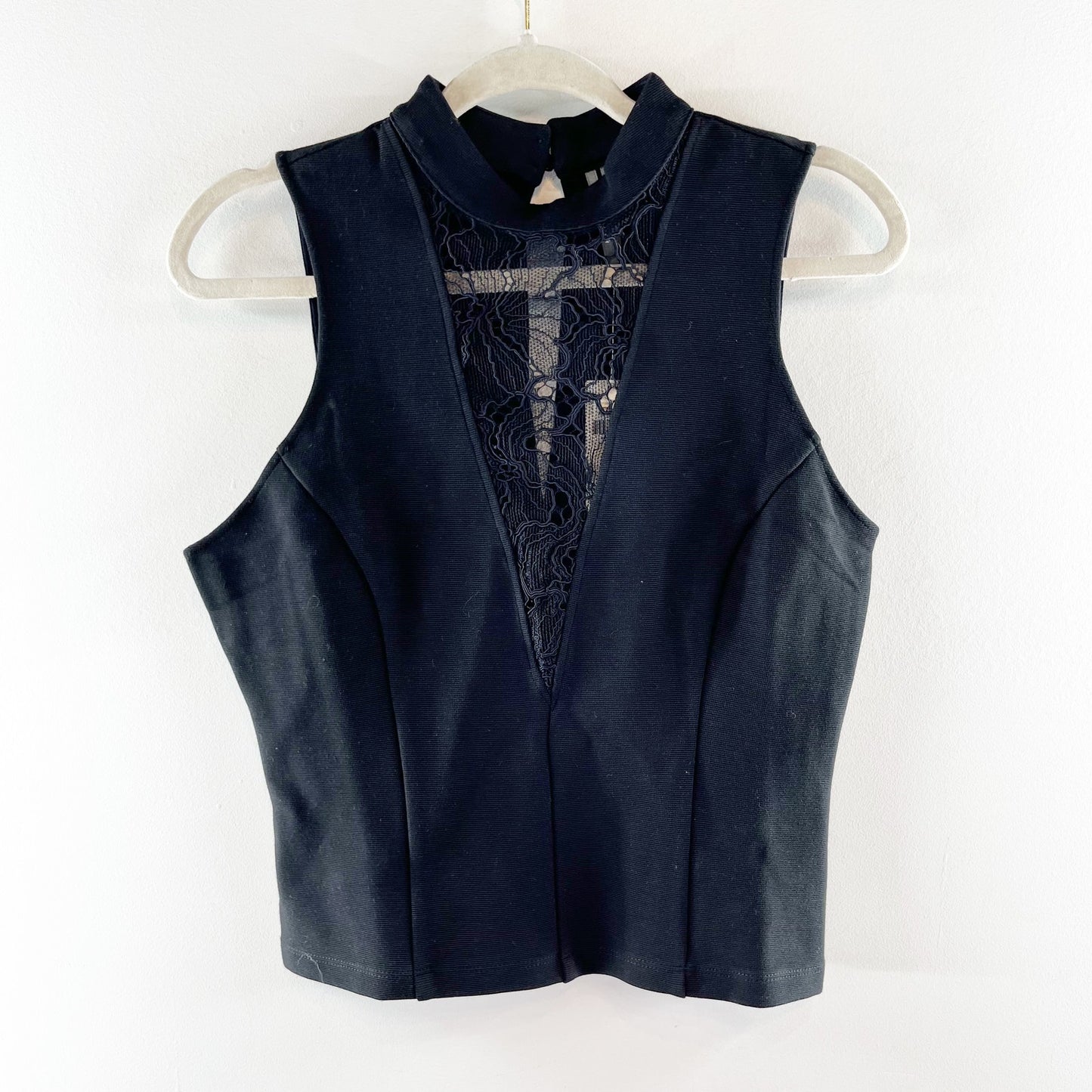 Anthropologie Sheer Lace Mock Neck Sleeveless Shell Tank Top Black Small