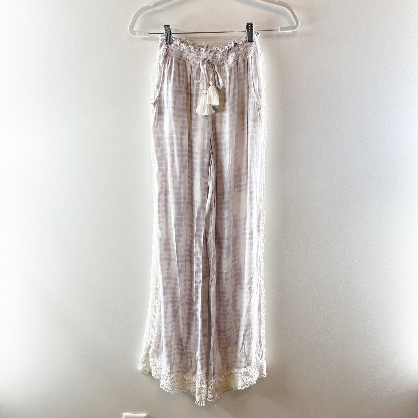 Surf Gypsy Tie Dye Smocked Drawstring Crochet Hem Wide Leg Pants White Purple