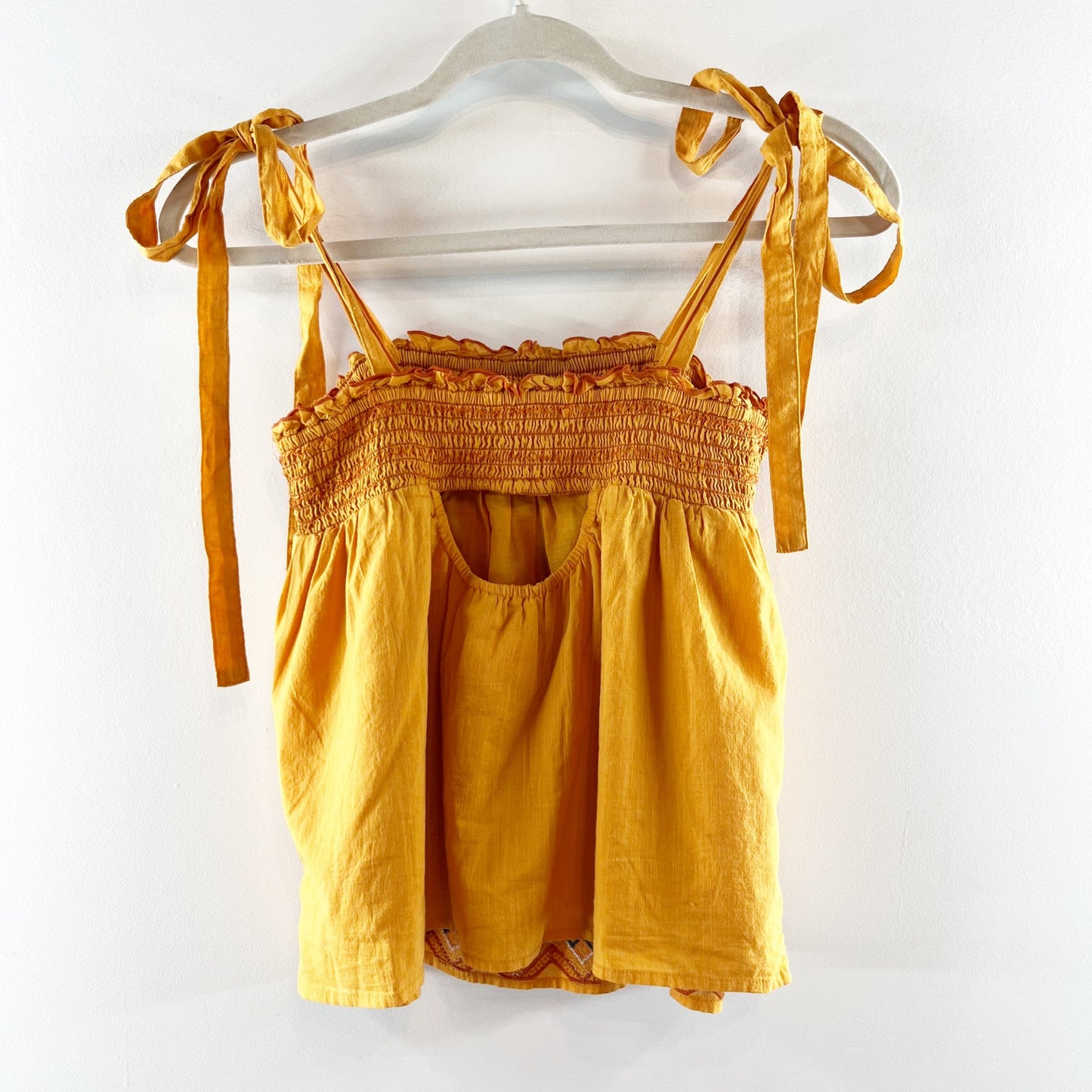 Anthropologie Tie Strap Embroidered Square Neck Tank Top Yellow XS