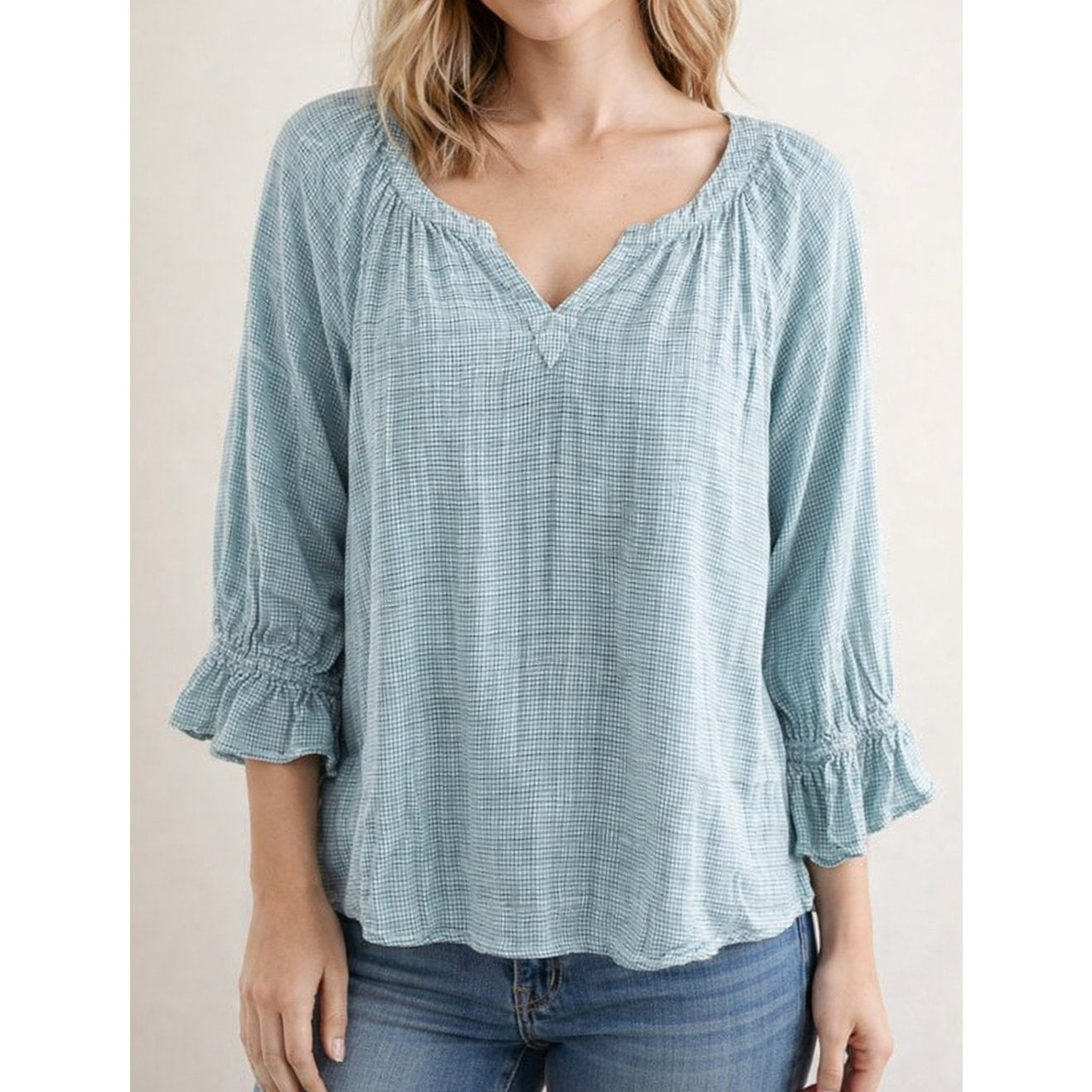 Tommy Bahama Montauk Gingham 3/4 Sleeve Blouse Top Green Large