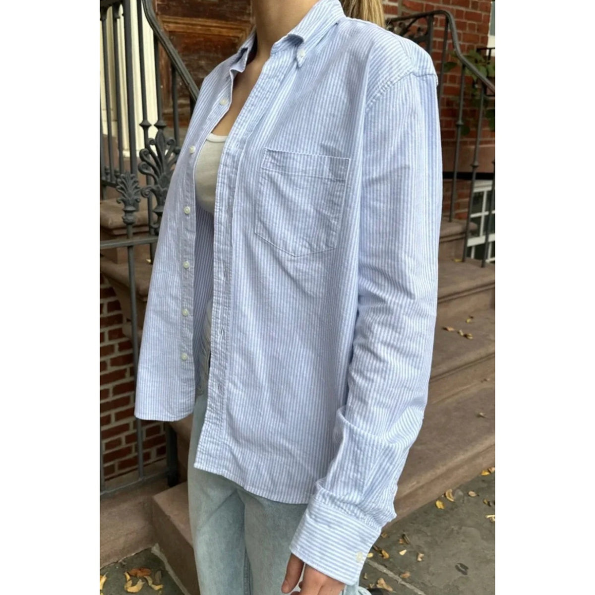 Brandy Melville Stephanie Long Sleeve Striped Button Down Shirt Blue M