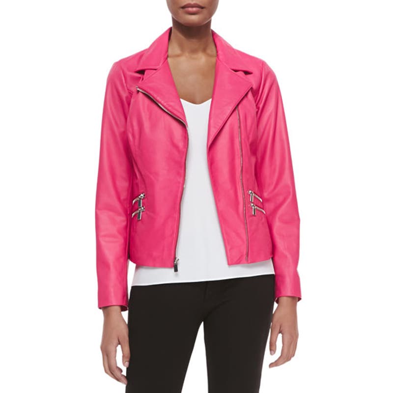 Neiman Marcus 100% Leather Moto Biker Zip Up Jacket Pockets Pink Small