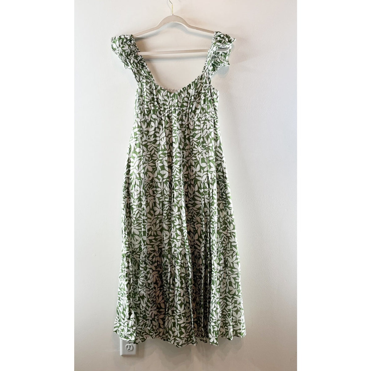 Abercrombie & Fitch Ruffle Strap Floral Print Poplin Midi Dress Green Medium