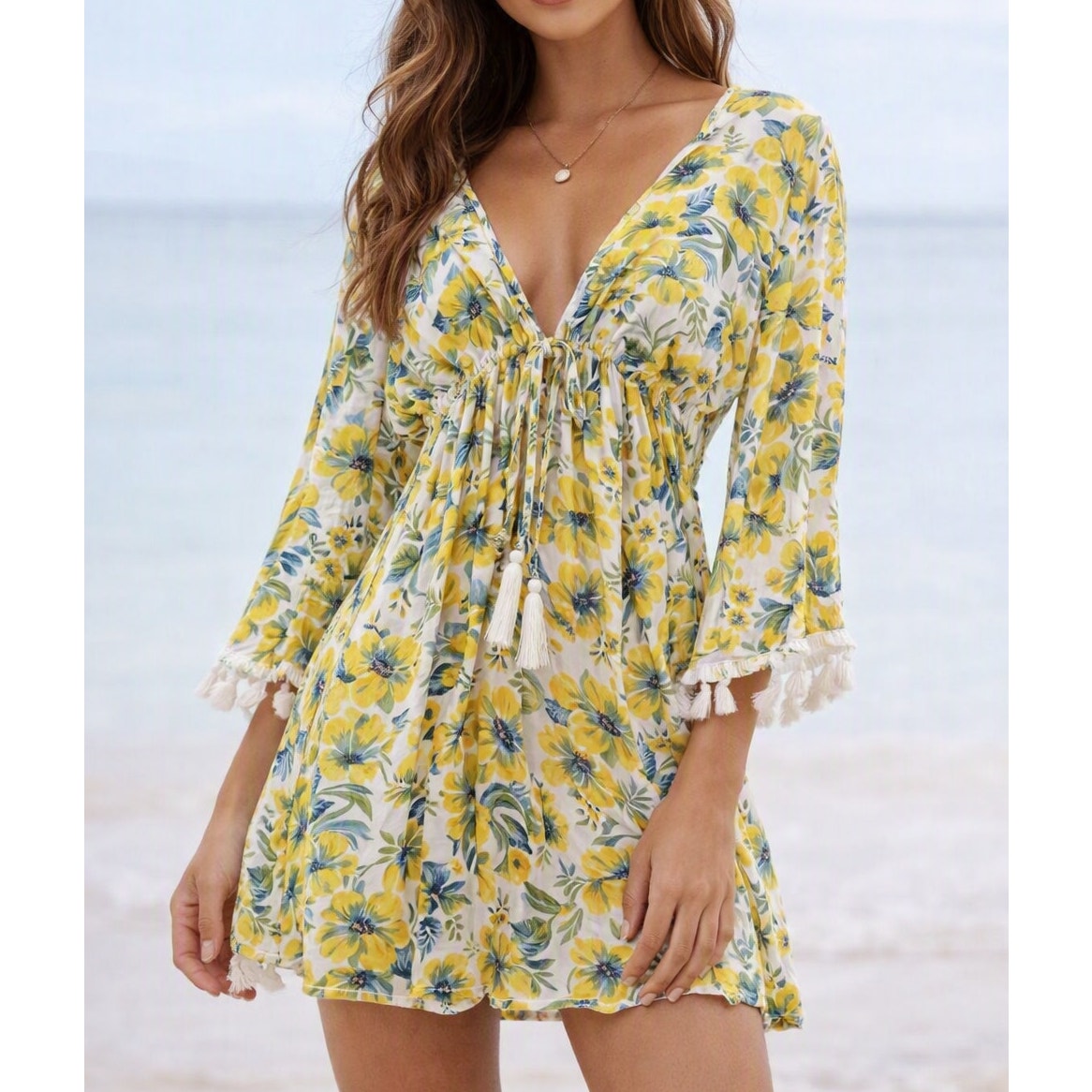 Blue Island Lemon V-Neck Flare Sleeve Mini Cover Up Mini Dress Yellow Medium
