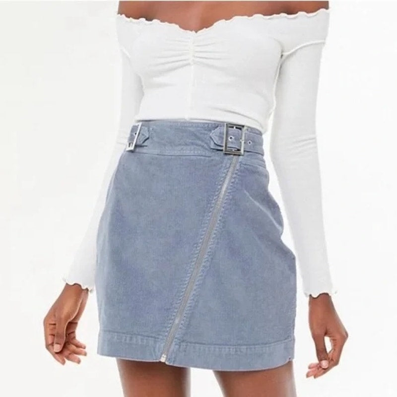 Urban Outfitters Harmony Corduroy Asymmetrical Zip Belted Mini Skirt Blue Small