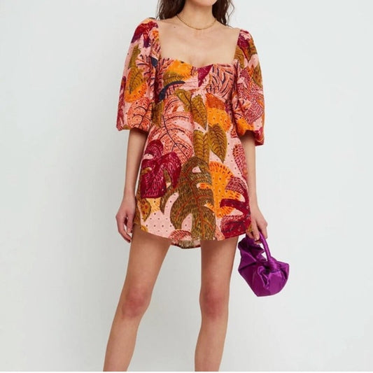Kourt Robbie Floral Puff Sleeve Mini Dress Red Pink Orange Small