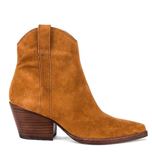 Dolce Vita Serra Suede Stacked Heel Western Ankle Boots Dark Saddle Brown 8