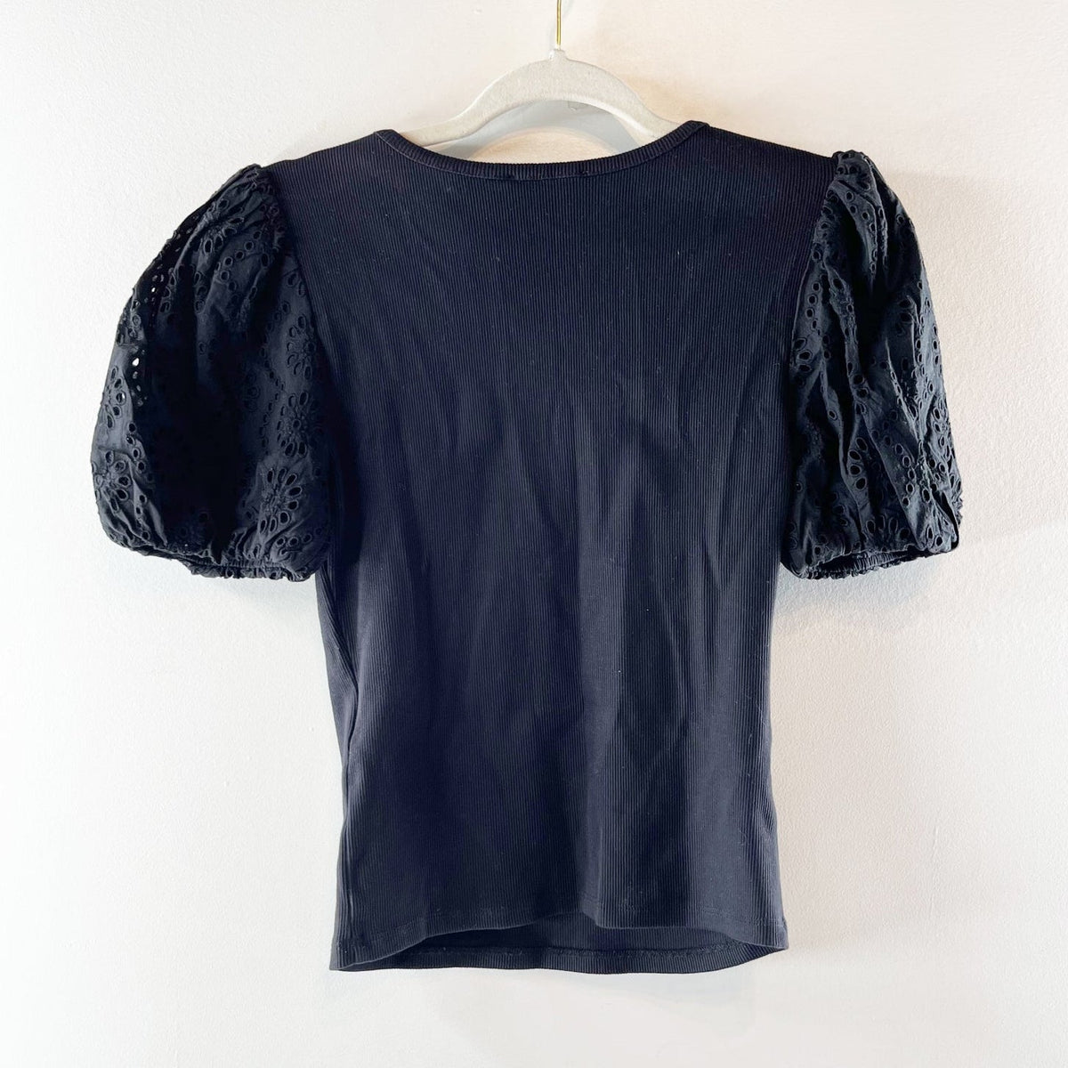 Paige Marina Puff Eyelet Short Sleeve Round Neck Blouse Top Black XS
