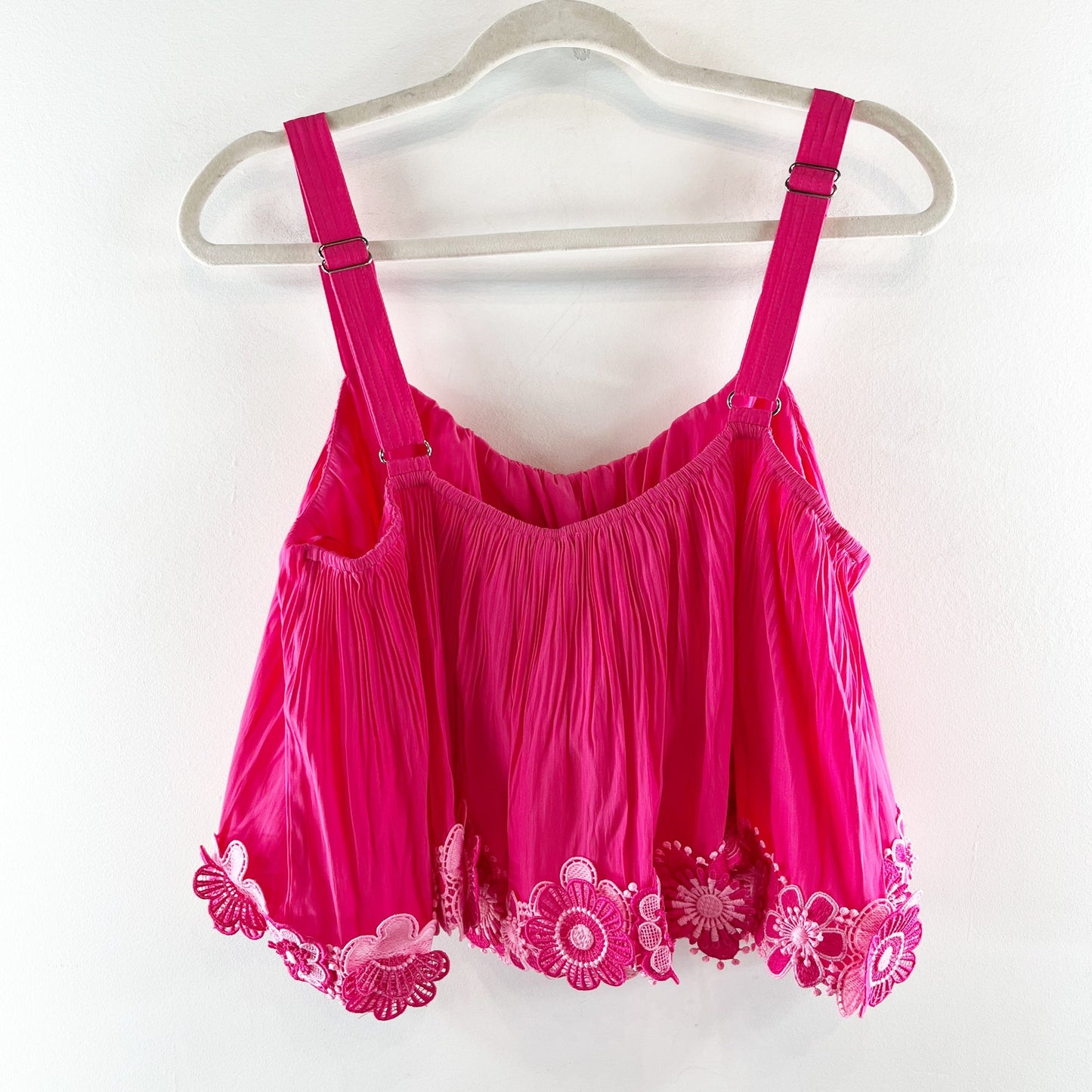 Ramy Brook Elizabeth Floral Lace Trim Applique Crop Swing Tank Top Pink Punch XL