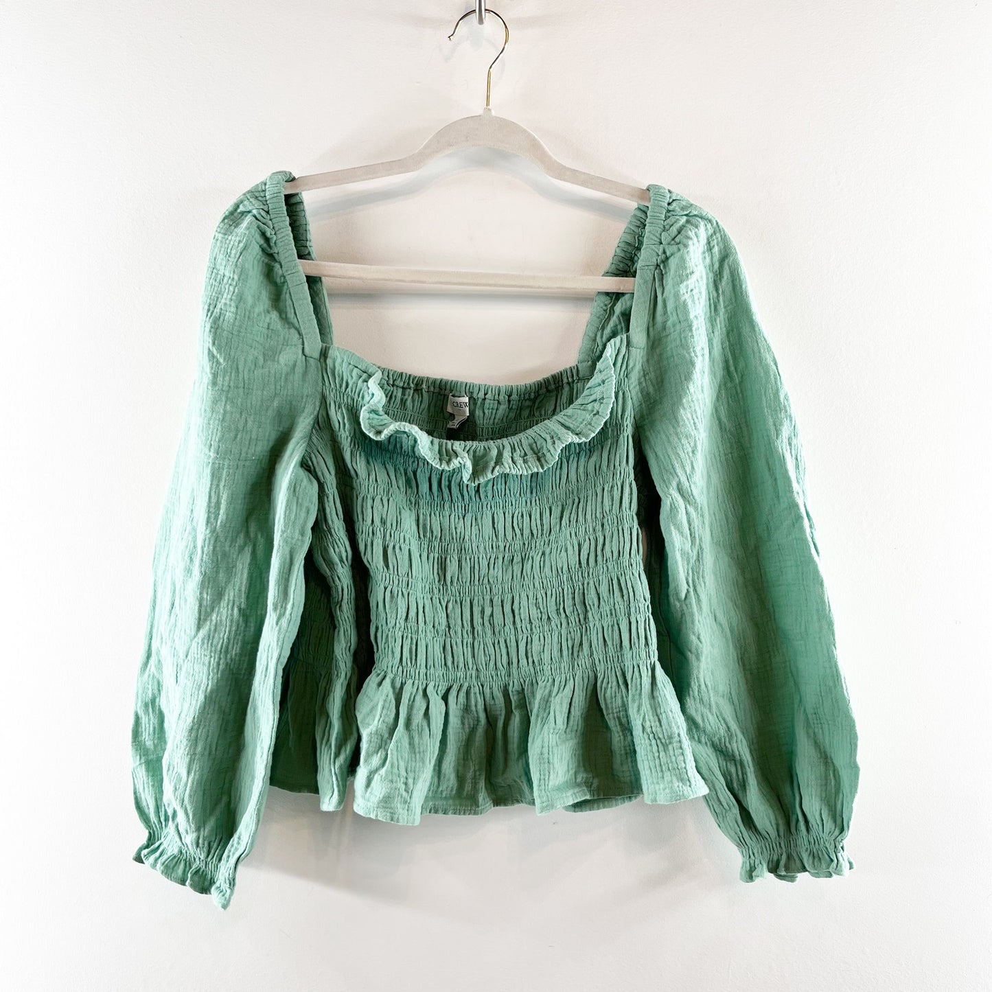 J. Crew Long Sleeve Gauze Cotton Smocked Square Neck Top Green Large