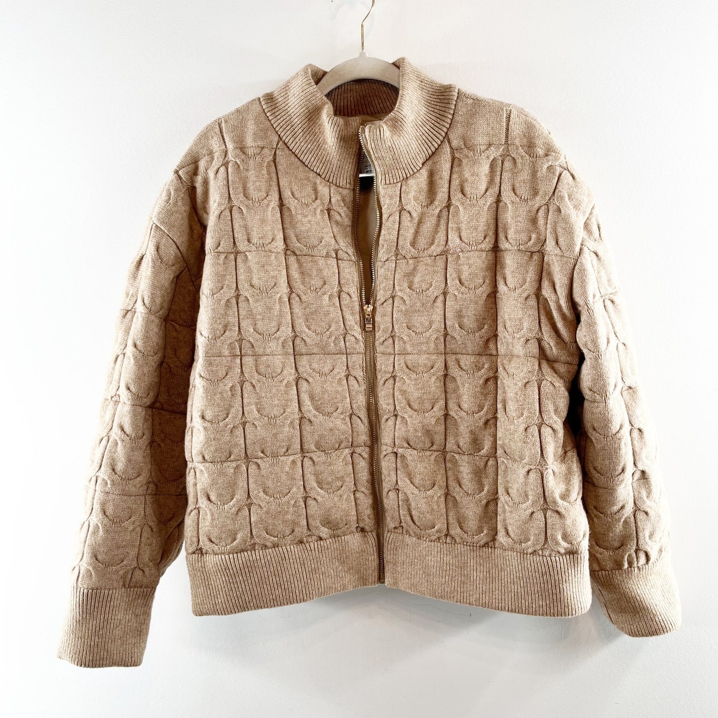 Joie Full Zip Cable Knit Bomber Jacket Tan Beige XL