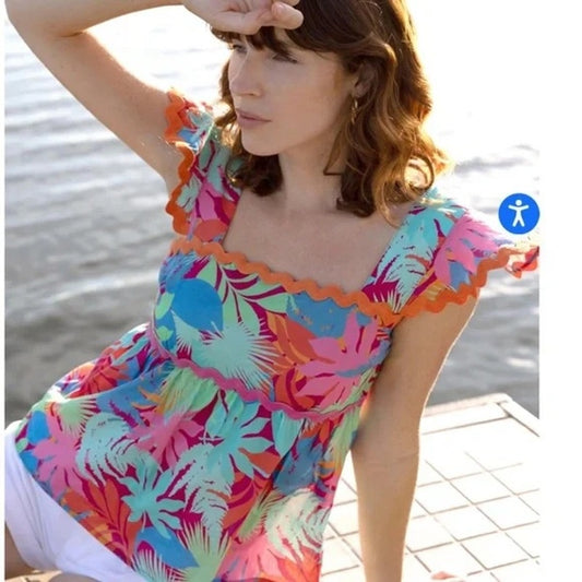 Greylin Skyler Ruffle Scallop Trim Babydoll Square Neck Tropical Top Pink Small